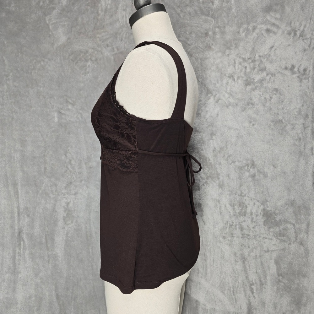 Y2K WetSeal Tank Top Women L Brown Lace Trim Empire Waist Tie Back Stretch Fairy - Picture 3 of 9